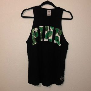 PINK black tank top with leaf print on logo